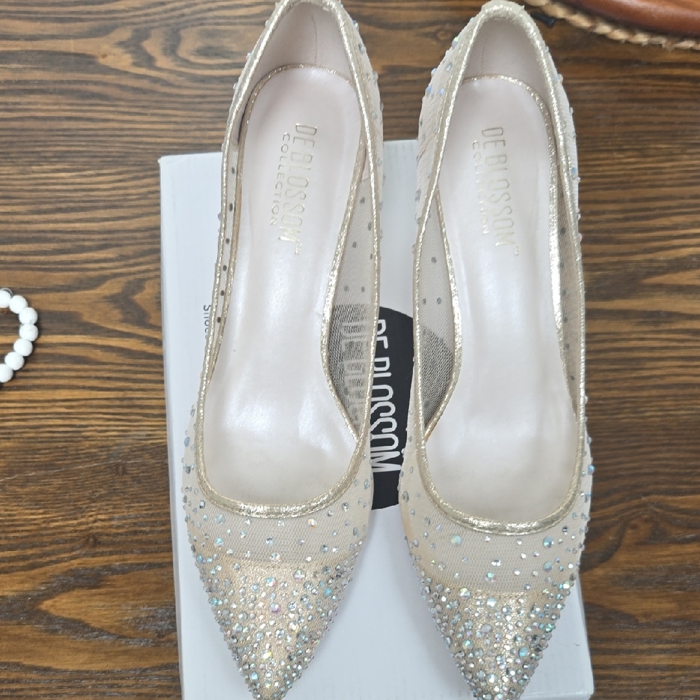 Mesh And Crystal Wedding or Formal Champagne Closed Toed Pumps